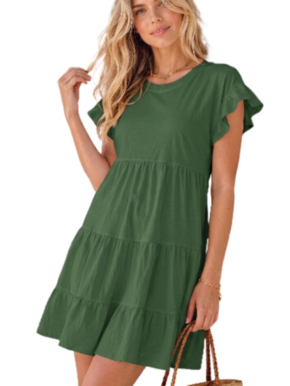 J.Crew Olive Green Cotton Tiered Crew Neck Flutter Sleeve Mini Dress Size XS NWT